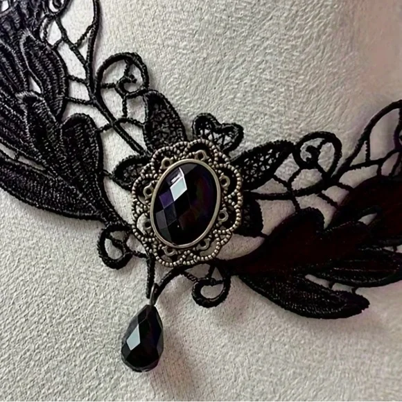 Black Gothic Lace Choker Victorian Dark Academia Necklace Goth - Picture 2 of 10